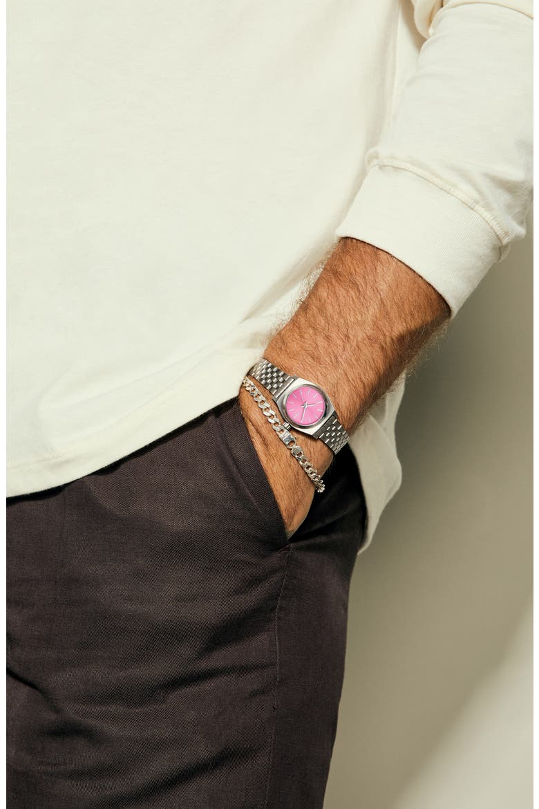 The Small Time Teller Bracelet Watch, 26mm, Alternate, color, SILVER / PINK