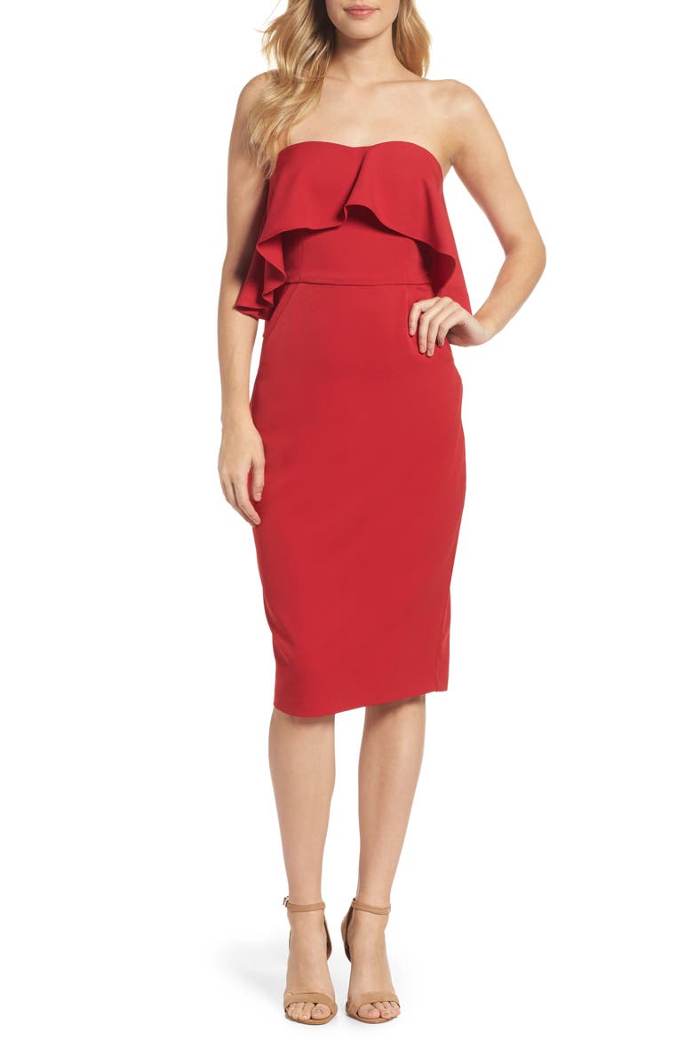 Ruffle Strapless Stretch Crepe Sheath Dress, Main, color, RED JESTER