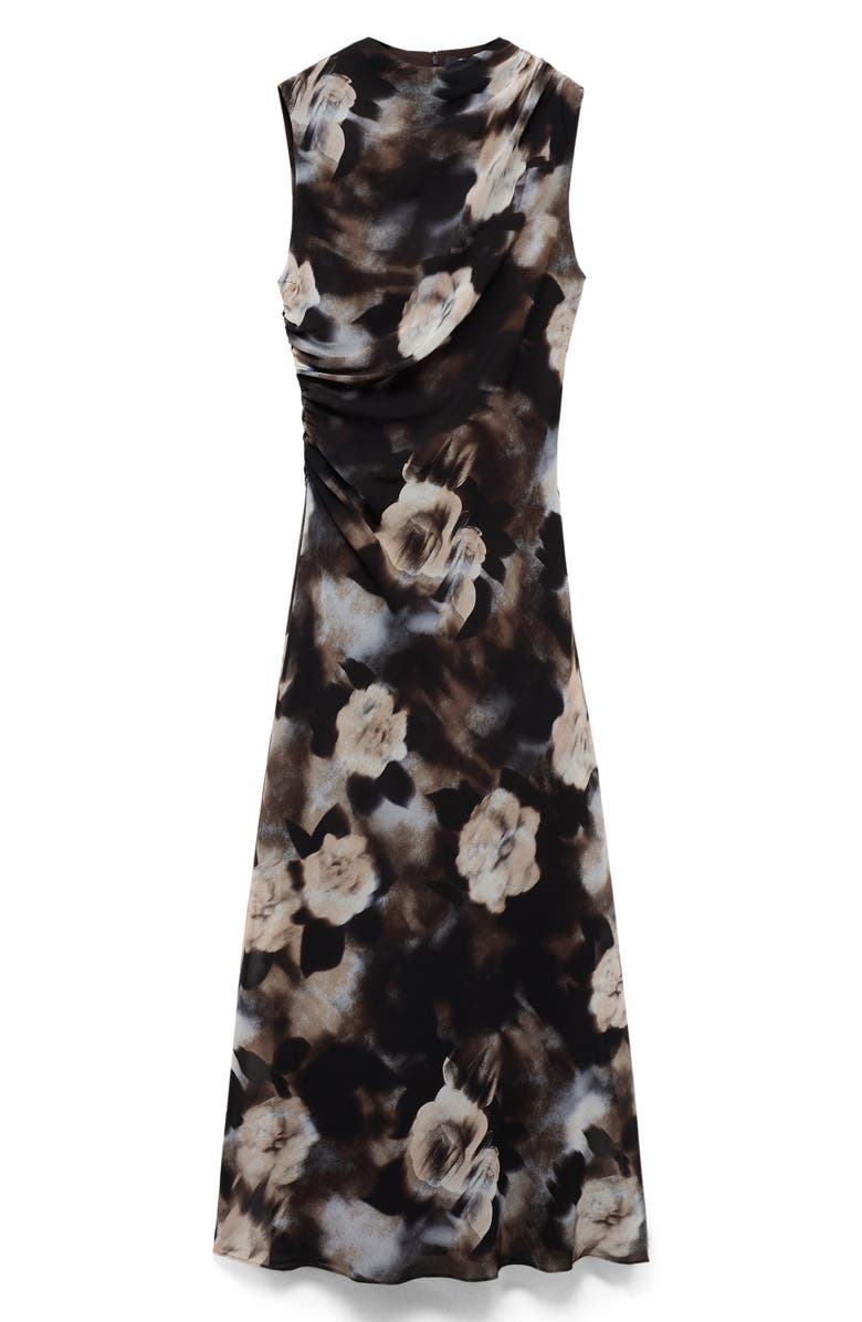 MANGO Floral Print Ruched Sleeveless Maxi Dress, Alternate, color, Brown