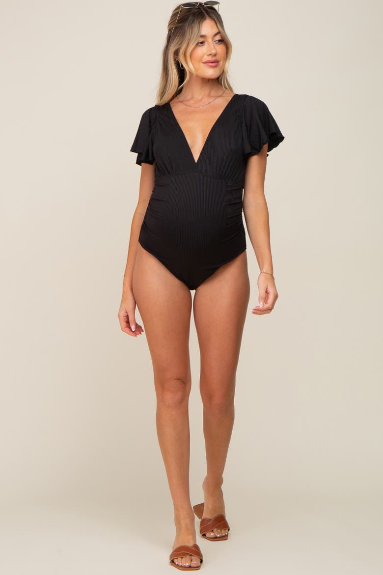 Deep V-Neck Flounce One Piece Swimsuit, Alternate, color, Black