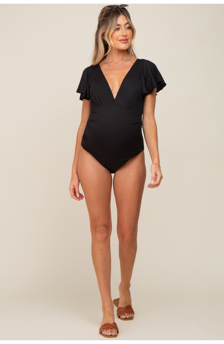 PinkBlush Deep V-Neck Flounce One Piece Swimsuit, Alternate, color, Black