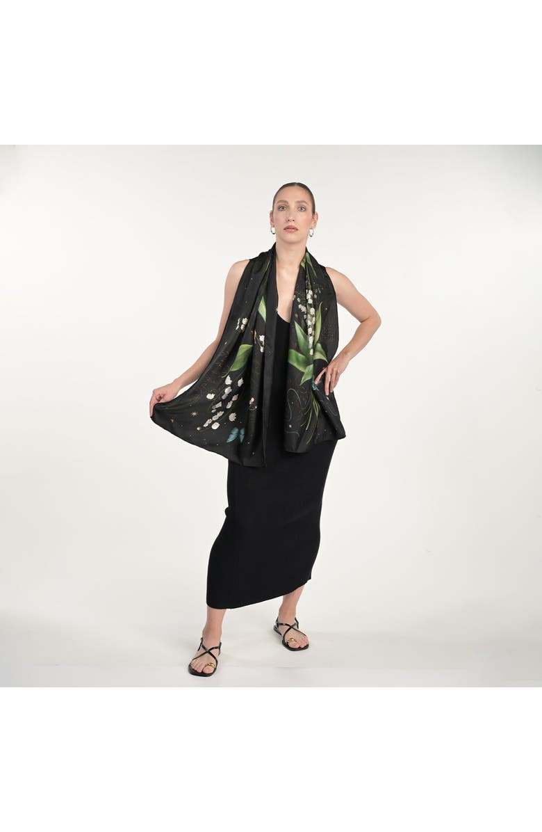 Silk&Soul Lily Of The Valley Silk Scarf, Alternate, color, Black