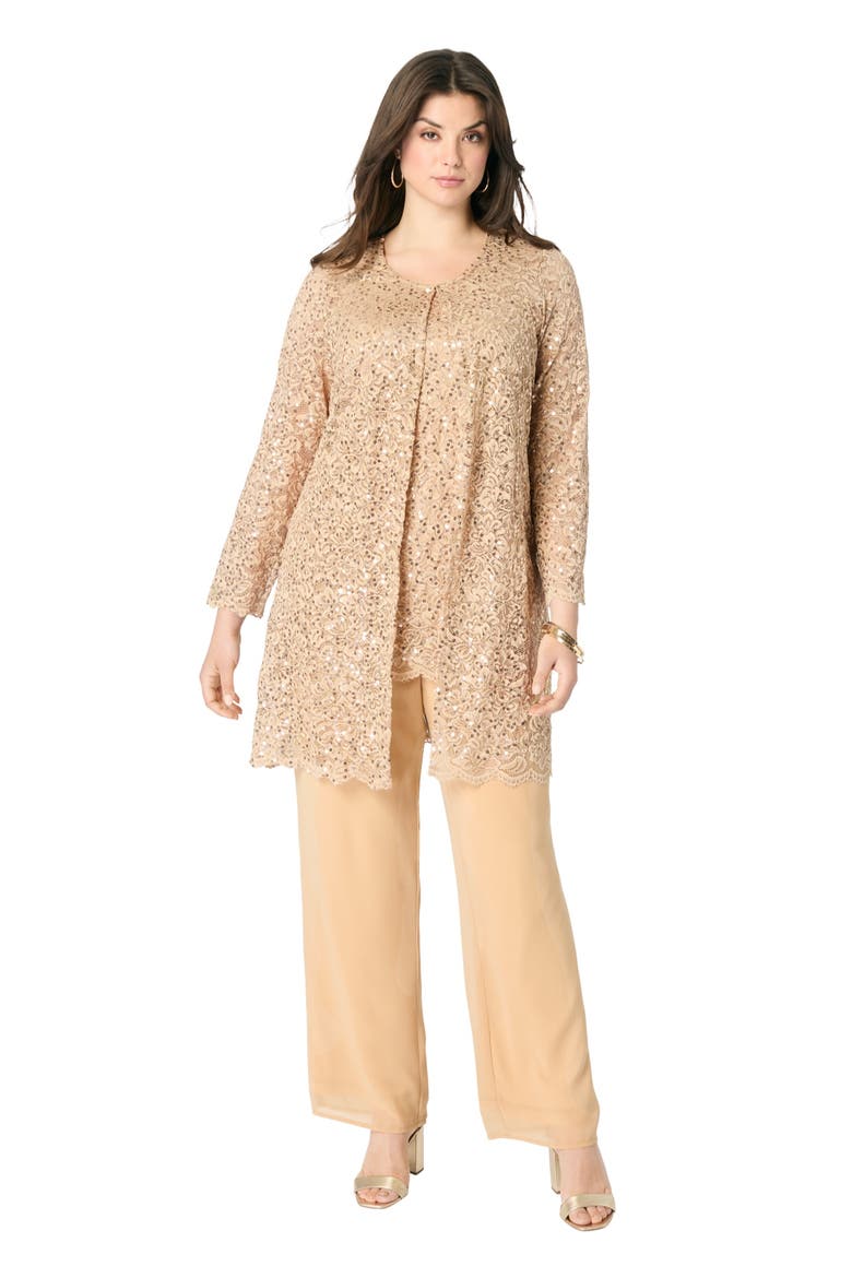 Plus Size 3 Piece Allover Sequin Lace Jacket And Tank Pant Set, Main, color, SPARKLING CHAMPAGNE