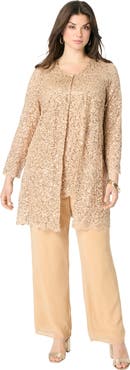 Roaman's Plus Size 3 Piece Allover Sequin Lace Jacket And Tank Pant Set