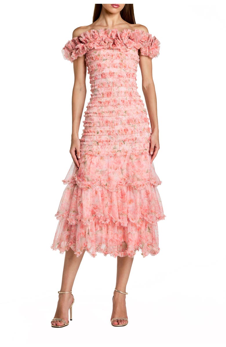 Mac Duggal Floral Off The Shoulder Ruffle Midi Dress, Main, color, Blush Multi