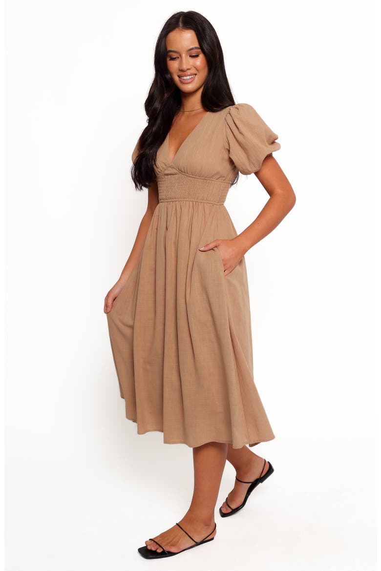 Ronnie Short Sleeve Empire Waist Midi Dress, Alternate, color, TAN