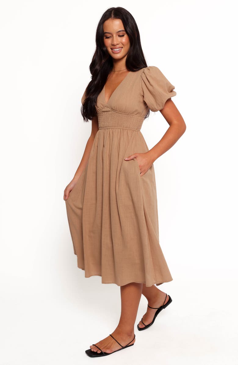 Petal & Pup Ronnie Short Sleeve Empire Waist Midi Dress, Alternate, color, Tan