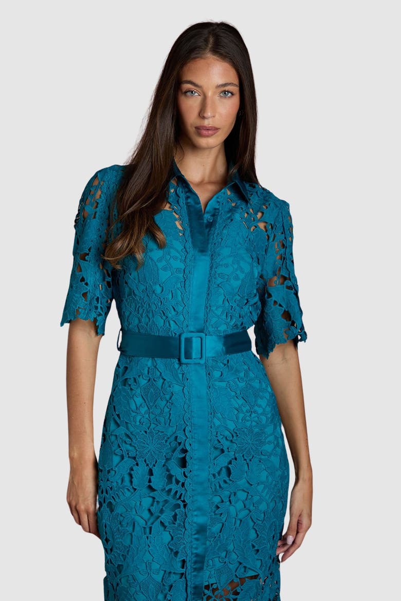 Lace Short Sleeve Shirt Dress, Alternate, color, Teal