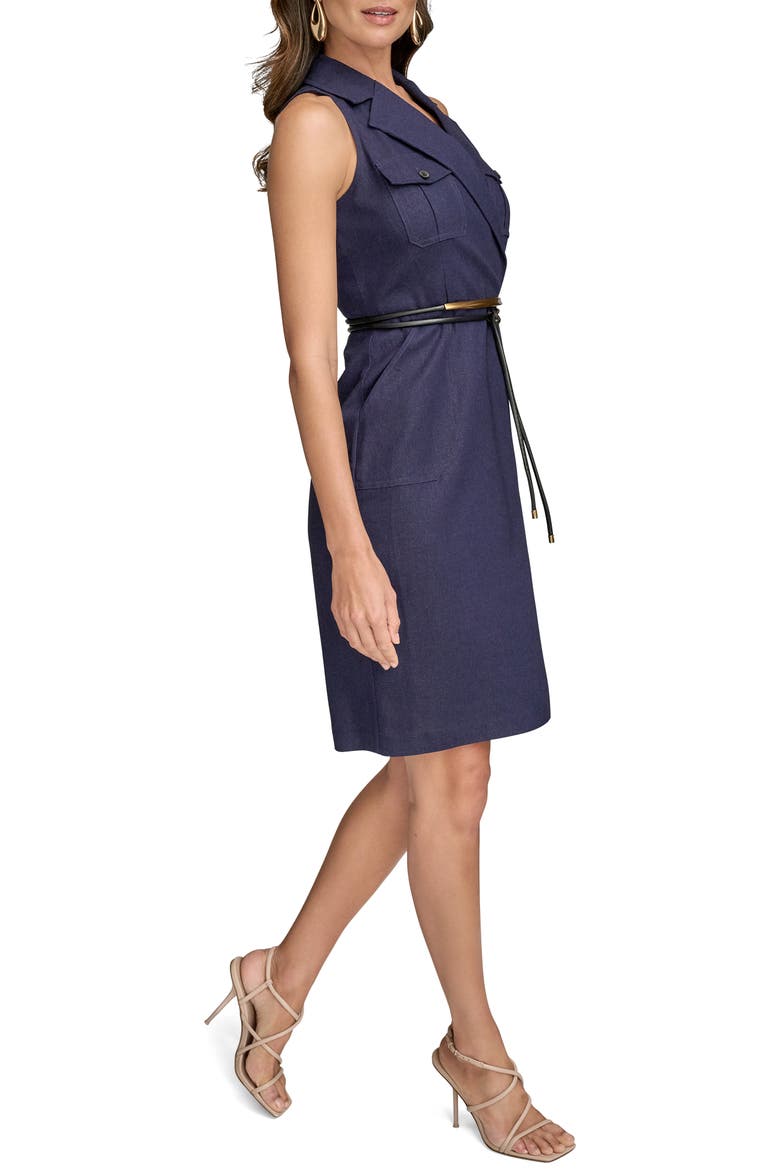 Belted Sleeveless Linen Blend Denim Dress, Alternate, color, INK