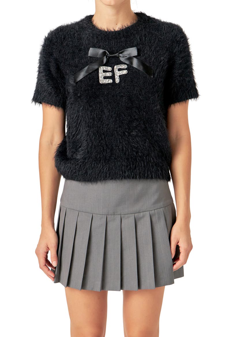 Rhinestone Logo Short Sleeve Sweater, Alternate, color, BLACK