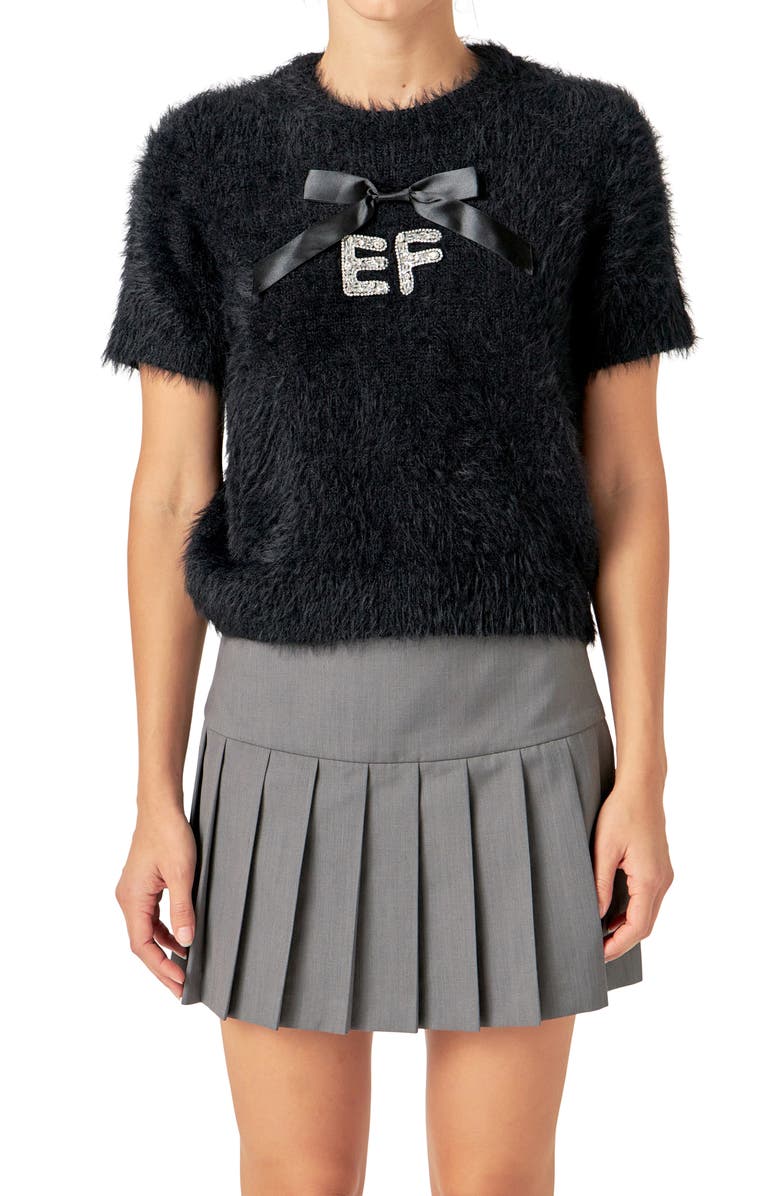 English Factory Rhinestone Logo Short Sleeve Sweater, Alternate, color, Black