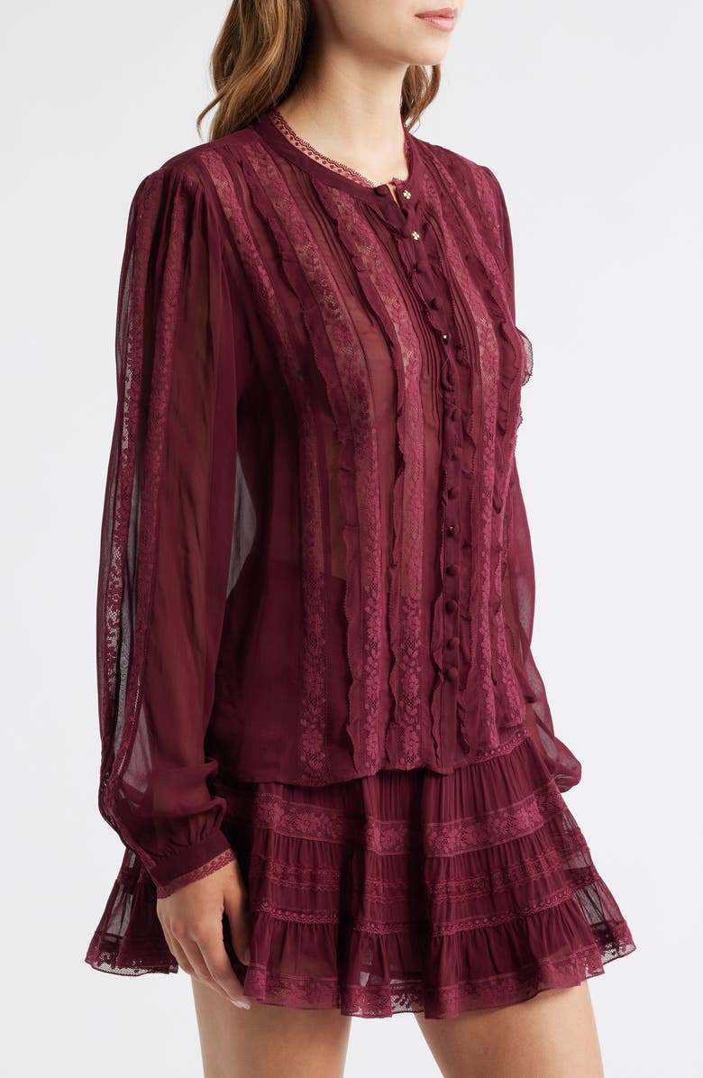 LoveShackFancy Alvynne Lace & Ruffle Detail Button-Up Shirt, Alternate, color, Oxblood