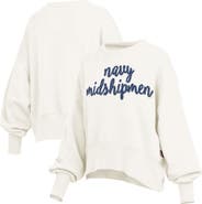 PRESSBOX Women's Pressbox Cream Navy Midshipmen Oversized Chelsea Waist Length Pullover Sweatshirt