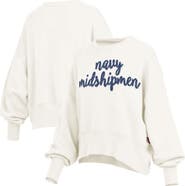 PRESSBOX Women's Pressbox Cream Navy Midshipmen Oversized Chelsea Waist Length Pullover Sweatshirt