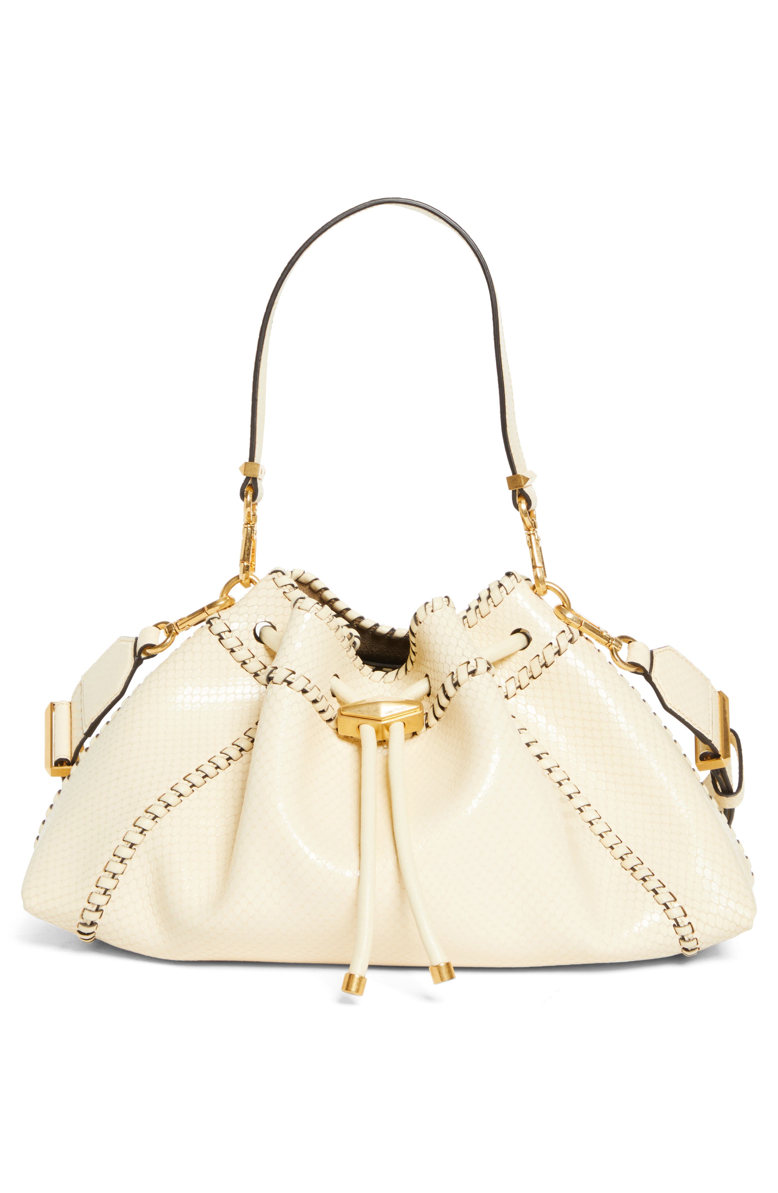 Jimmy Choo Bon Bon Fringe East/West Bucket Bag, Alternate, color, Buttermilk/ Gold