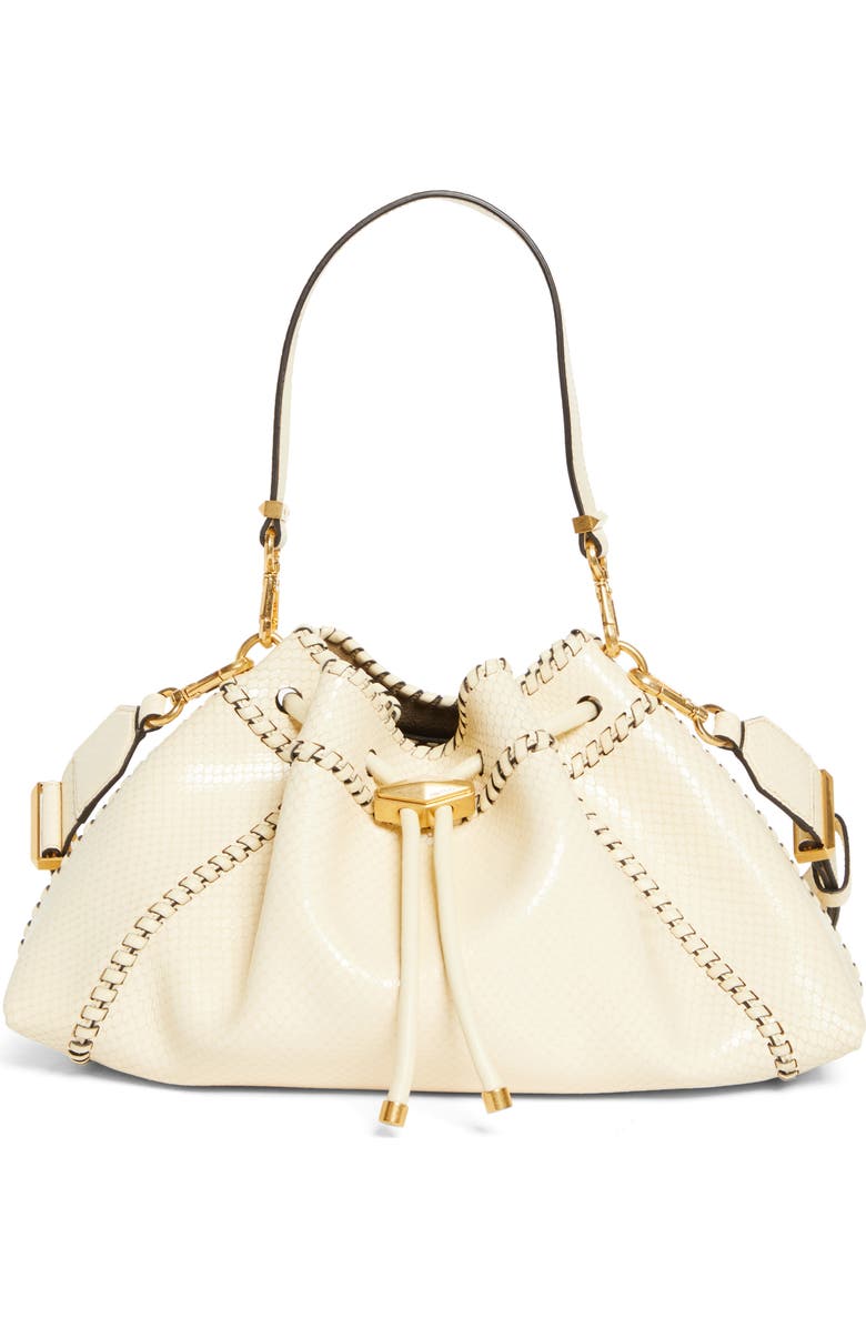 Jimmy Choo Bon Bon Fringe East/West Bucket Bag, Alternate, color, Buttermilk/ Gold