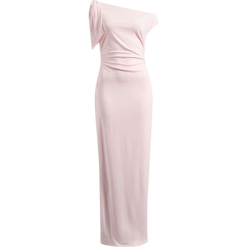 Shop Wayf Say Less Ruched One-shoulder Maxi Dress In Baby Pink