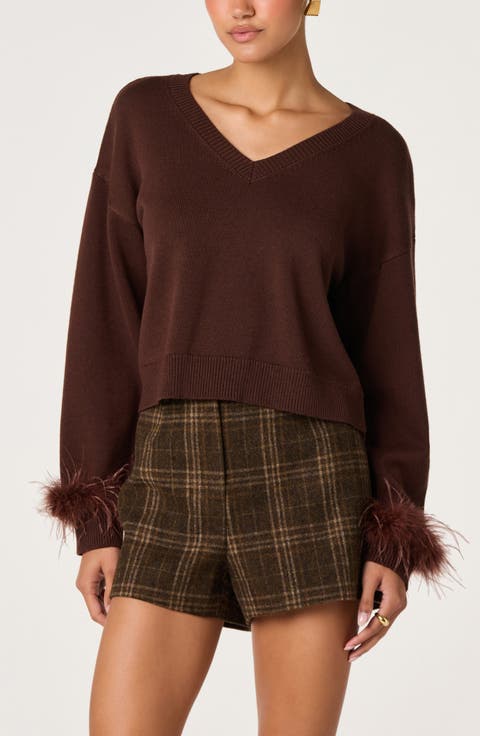 Perdita Feather Trim V-Neck Sweater