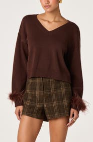ASTR the Label Perdita Feather Trim V-Neck Sweater