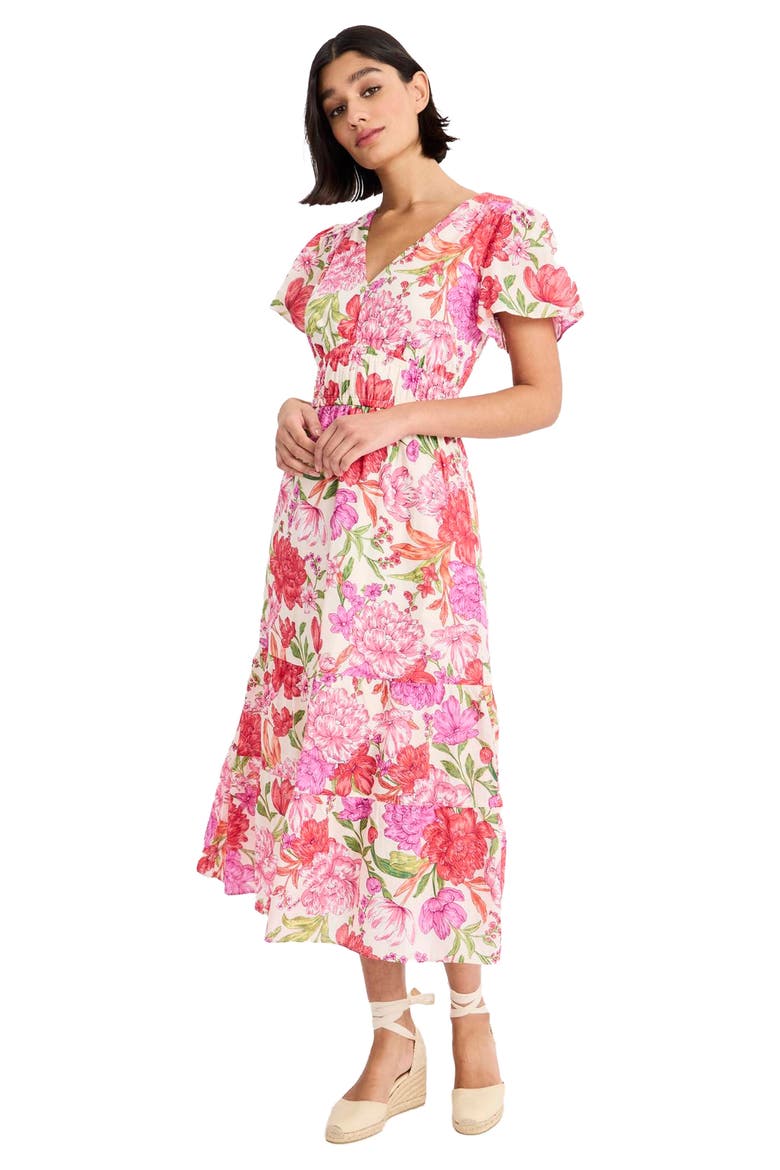 Floral V-Neck Short Sleeve Tiered Midi Dress, Alternate, color, CREAM/ PINK