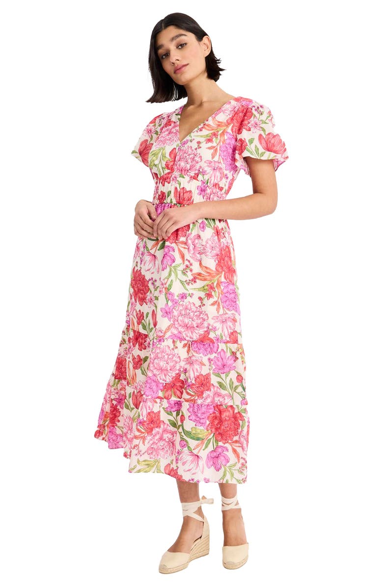 Maggy London Floral V-Neck Short Sleeve Tiered Midi Dress, Alternate, color, Cream/ Pink