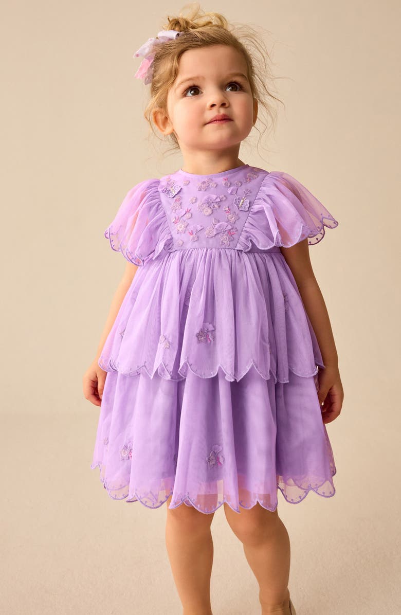 Kids' Floral Embroidered Flutter Sleeve Tulle Party Dress