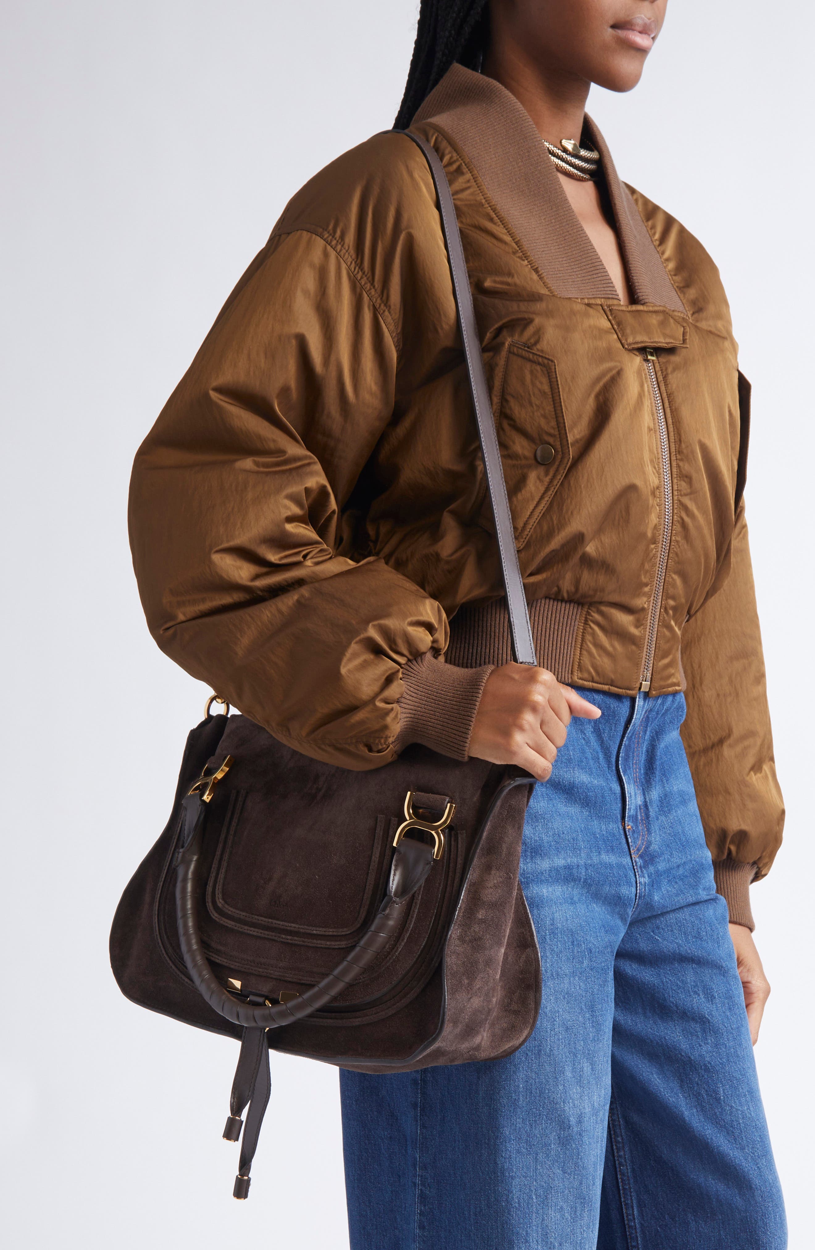 Chloé Medium Marcie Suede Satchel, Alternate, color, Kohl Brown