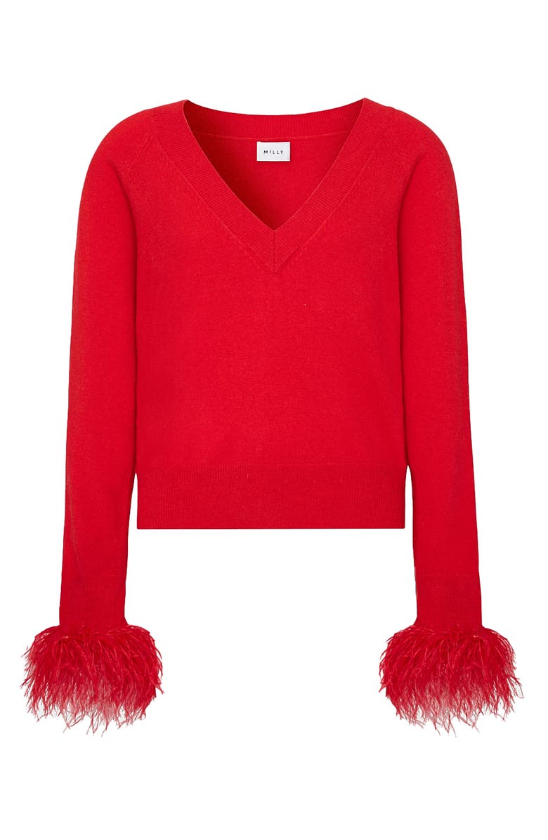 Milly Feather Cuff V-Neck Sweater, Alternate, color, Red