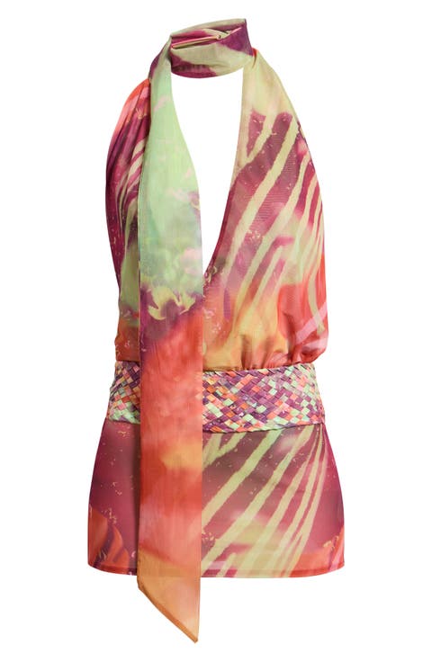 Abstract Print Plunge Scarf Neck Minidress