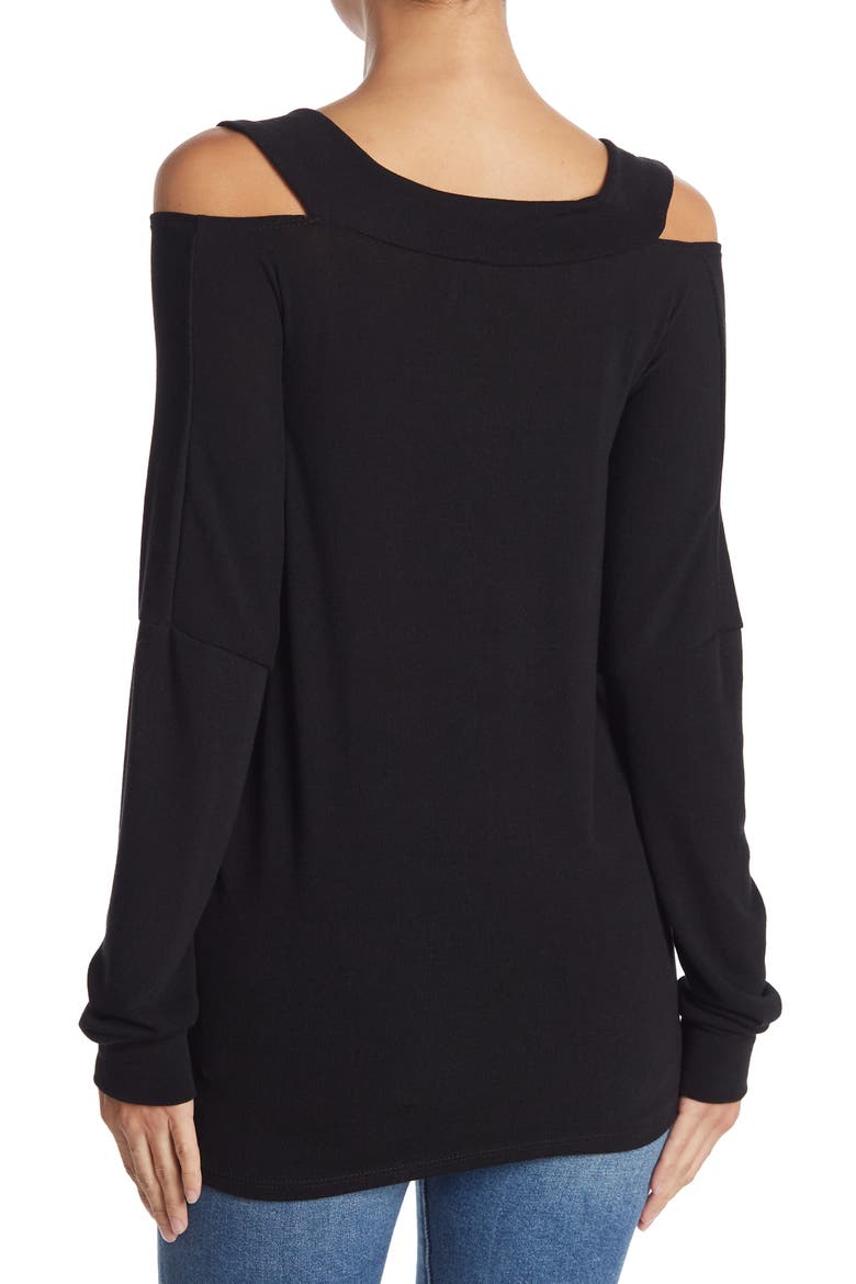 V-Neck Cold Shoulder Shoulder Hacci Knit Sweater, Alternate, color, BLACK PRINT 1