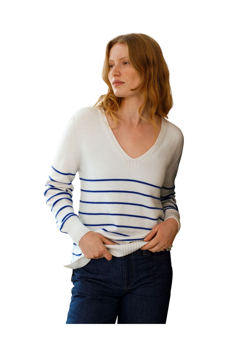 Merino V-Neck Sweater, Main, color, ECRU COBALT STRIPE