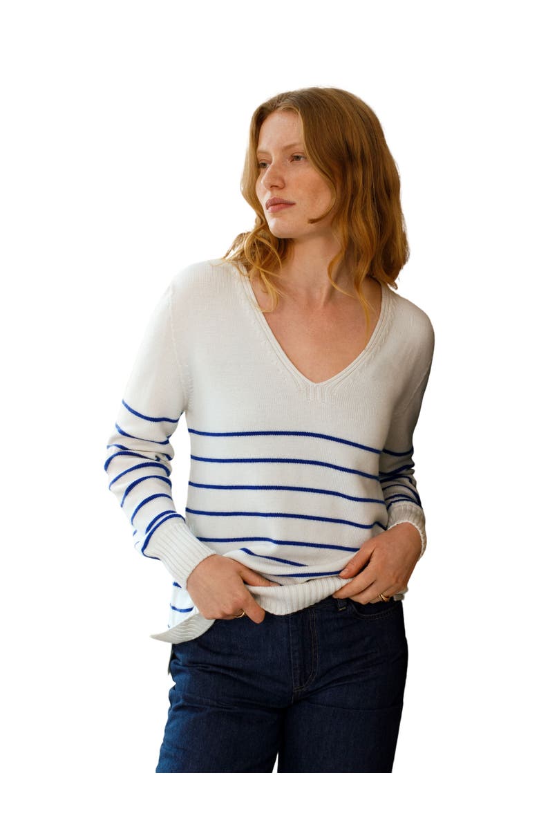 Celtic & Co. Merino V-Neck Sweater, Main, color, Ecru Cobalt Stripe