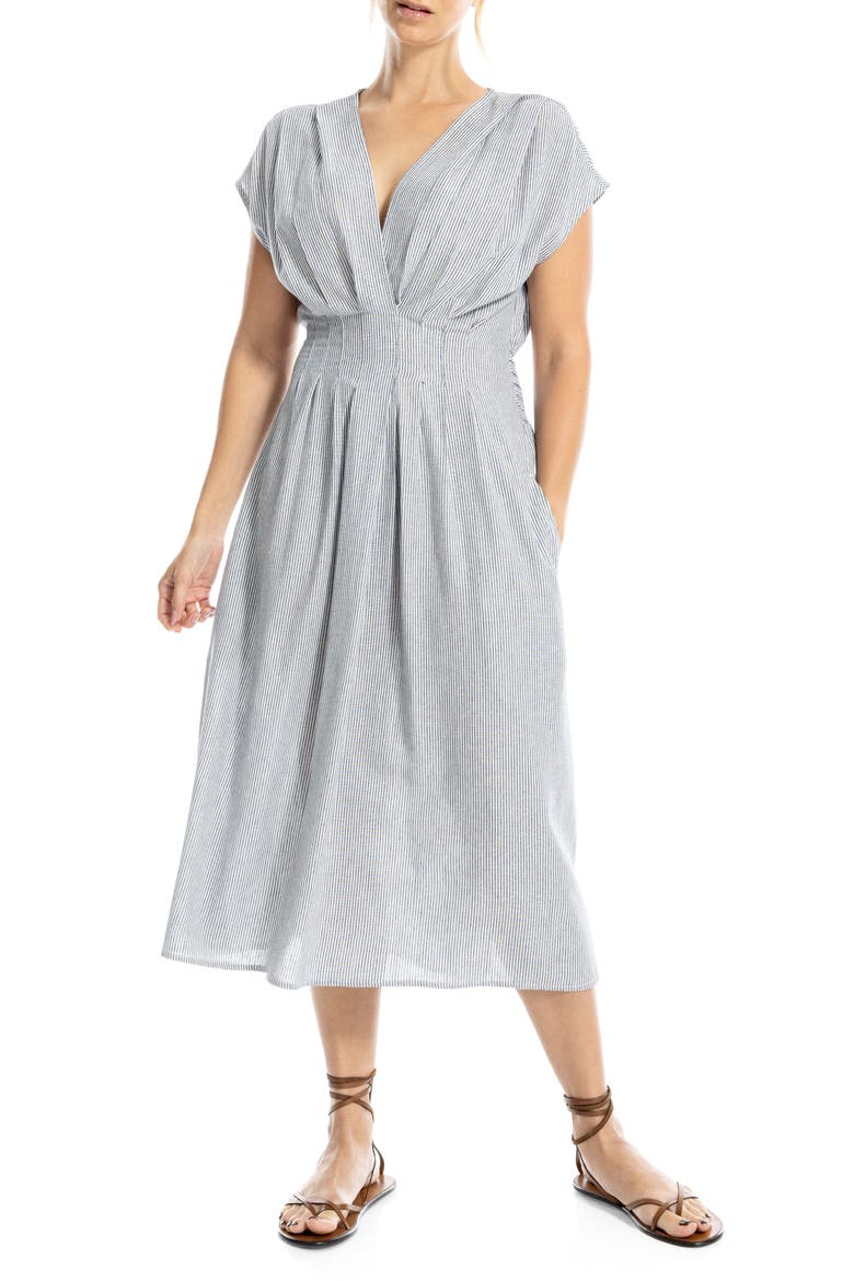Stripe Cap Sleeve Front Tuck Midi Dress, Main, color, NAVY/ WHITE MINI STRIPE
