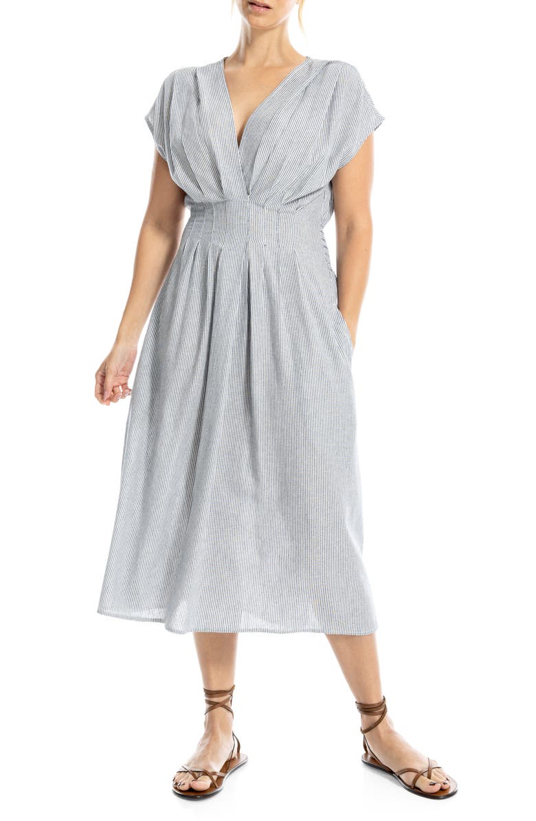 MAX STUDIO Stripe Cap Sleeve Front Tuck Midi Dress, Main, color, Navy/ White Mini Stripe