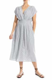 MAX STUDIO Stripe Cap Sleeve Front Tuck Midi Dress