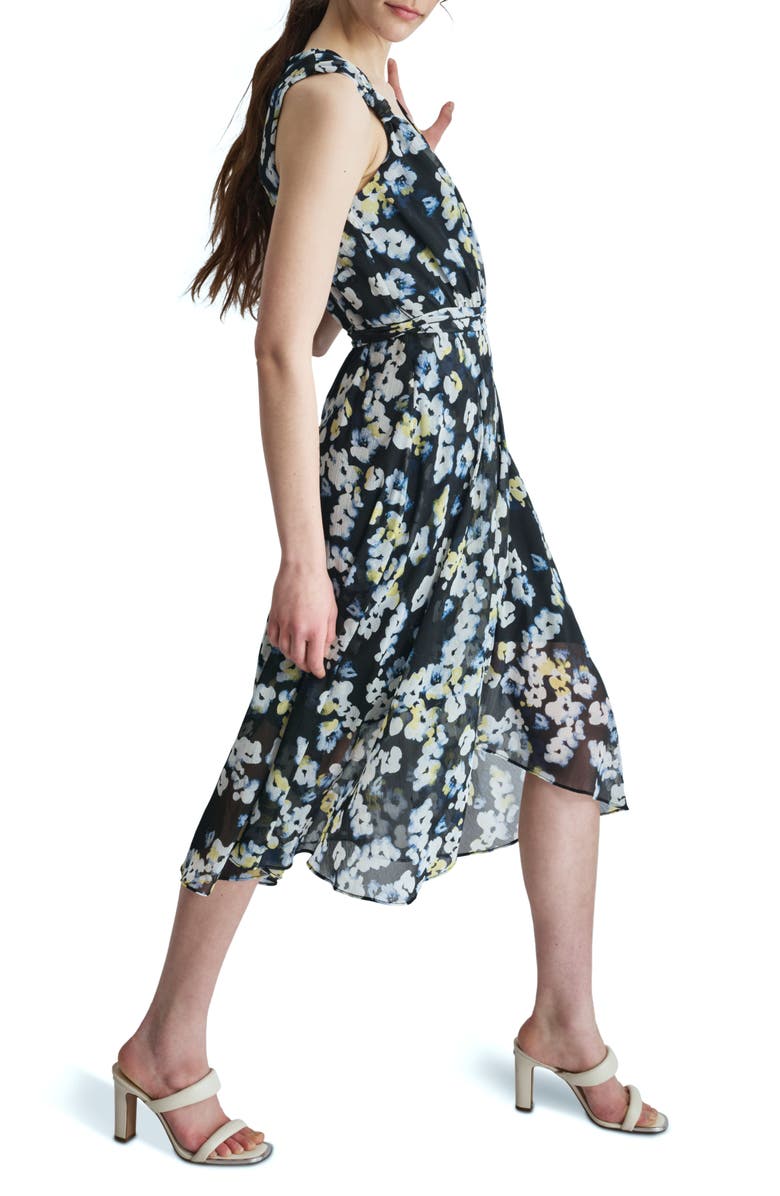 DKNY Surplice V-Neck Faux Wrap Midi Dress, Alternate, color, Navy/ Lemon