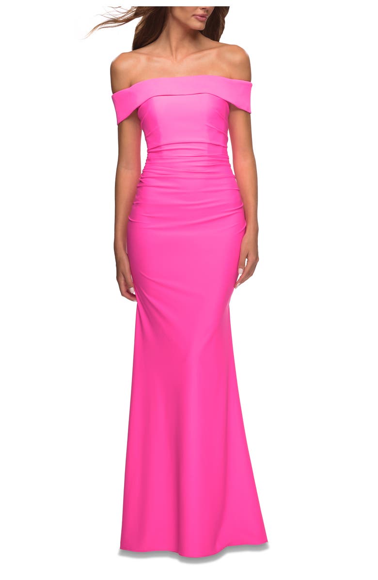 La Femme Long Off the Shoulder Ruched Neon Jersey Dress, Main, color, Hot Pink