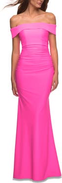 La Femme Long Off the Shoulder Ruched Neon Jersey Dress