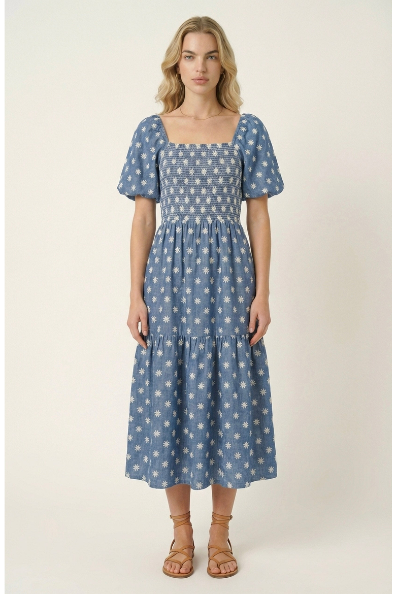 Smocked Puff-Sleeve Midi Dress with Tiered Skirt and Pockets, Main, color, Blue / White Floral
