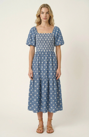 Modenaire Smocked Puff-Sleeve Midi Dress with Tiered Skirt and Pockets