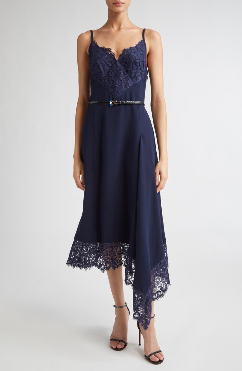 ST. JOHN Lace Trim Asymmetric Satin Back Crepe Dress, Main, color, Midnight