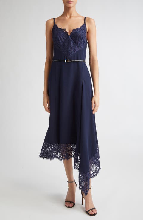 Lace Trim Asymmetric Satin Back Crepe Dress