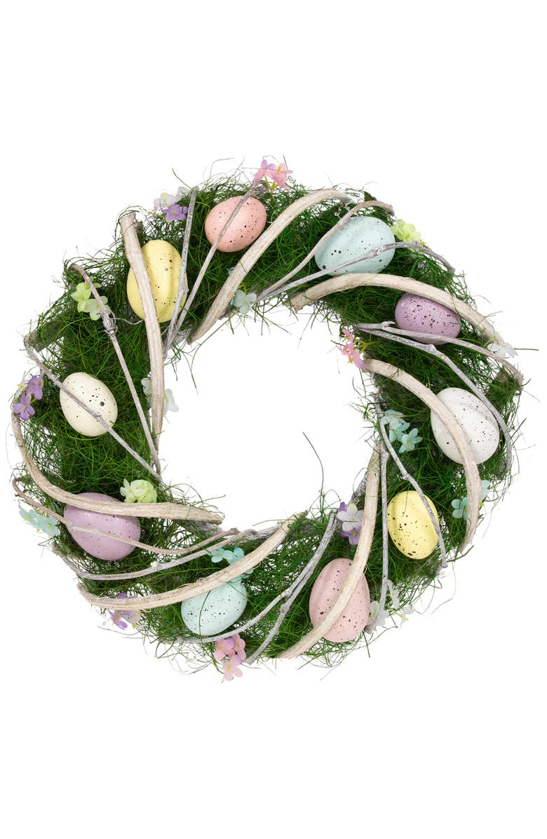 Northlight Speckled Eggs and Spring Flowers Small Artificial Easter Wreath - 15", Main, color, Green