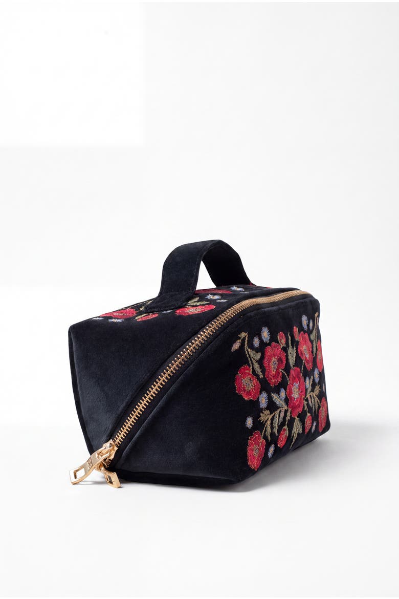 Poppy Meadow Velvet Open Flat Makeup Bag, Alternate, color, Charcoal