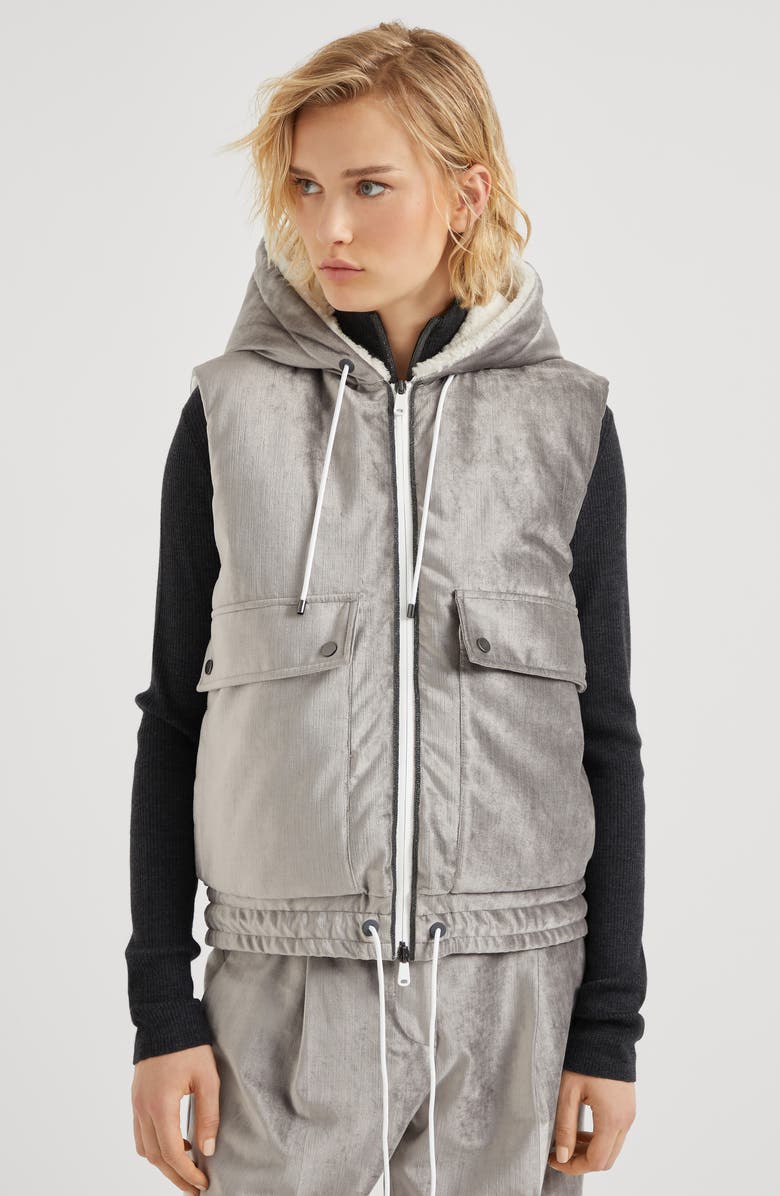 Brunello Cucinelli Cotton and viscose sleek velvet down vest with shiny trims, Alternate, color,