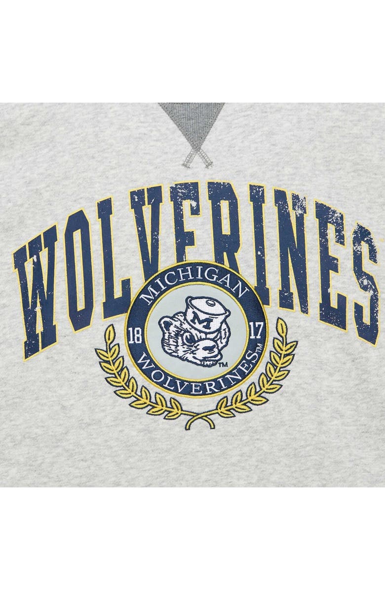 Mitchell & Ness Men's Mitchell & Ness Heather Gray Michigan Wolverines Arched Fleece Crewneck Pullover Sweatshirt, Alternate, color, Heather Gray