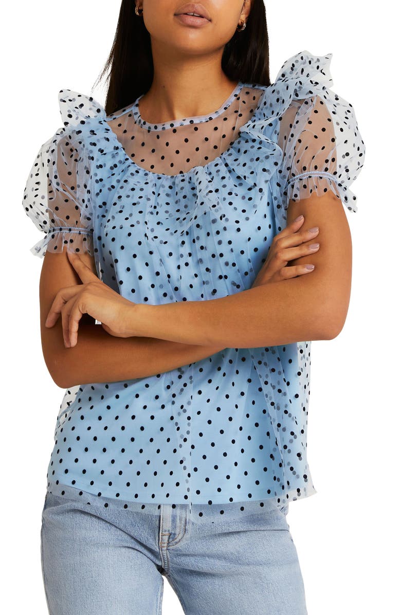 River Island Swiss Dot Ruffle Mesh Top, Main, color,