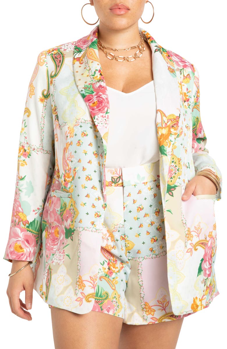 ELOQUII Floral Print Satin Blazer, Main, color, 