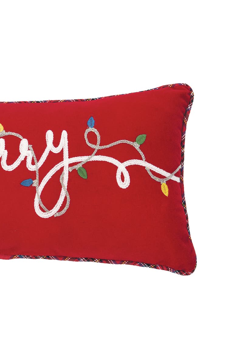 C&F Home "Merry" Cursive Christmas String Lights Embroidered Mini Accent Pillow 9" x 20", Alternate, color, Red