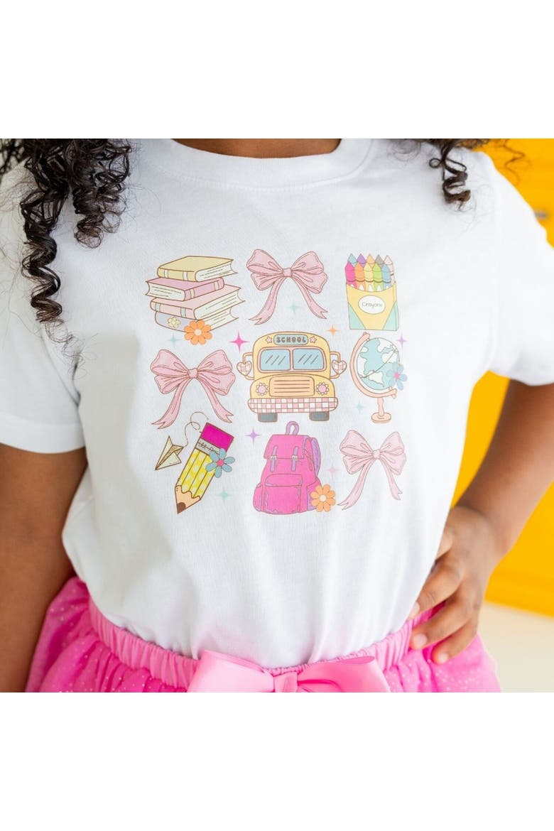 School Doodle Bow Grid Short Sleeve T-Shirt, Alternate, color, White
